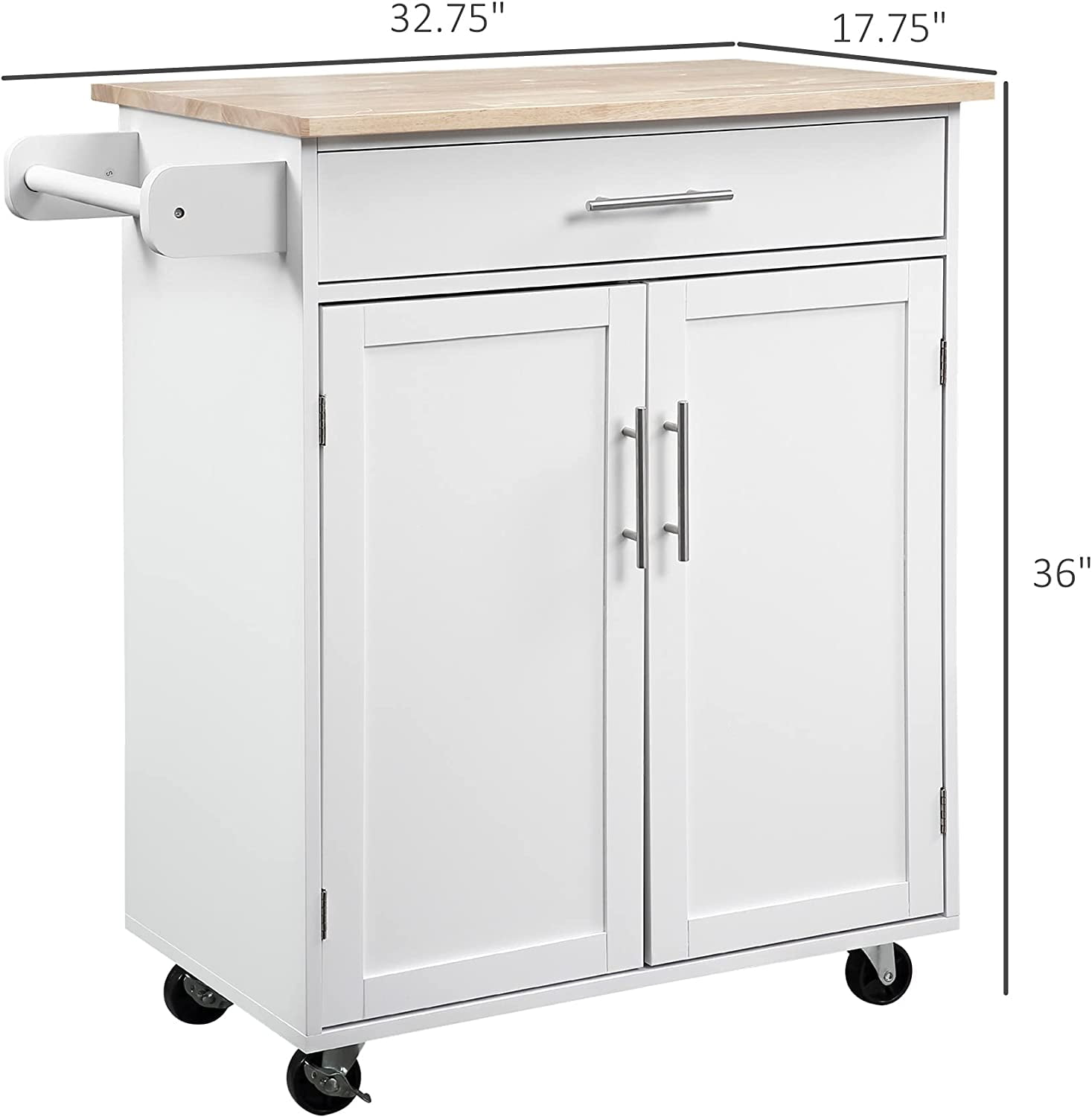 Kitchen Island Cart Rolling Trolley Cart with Drawer, Storage Cabinet & Towel Rack, White