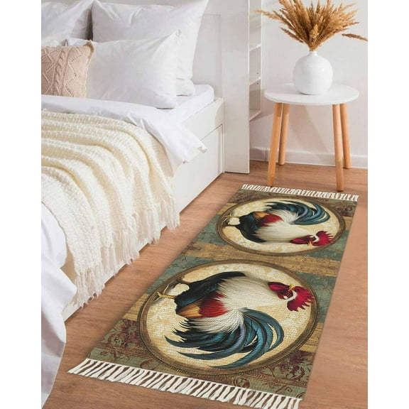 Rooster Hallway Runner Rug 2x6ft,Vintage Rustic Farmhouse Style Oil Painting Washable Woven Living Room Bedroom Kitchen Bathrom Carpet with Tassels,Indoor Outdoor Throw Door Mat for Entryway