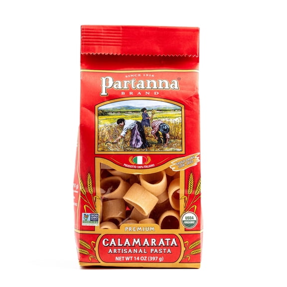 Partanna Organic Premium Calamarata Italian Artisanal Pasta- Bronze Cut - High Quality Durum Wheat Semolina- -Slow Dried -NON-GMO- Made in Italy- 14 oz