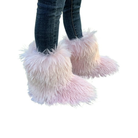 

Difumos Womens Comfortable Flat Mid Calf Boot Warm Shoes Cold Weather Casual Fluffy Snow Boots Pink 5