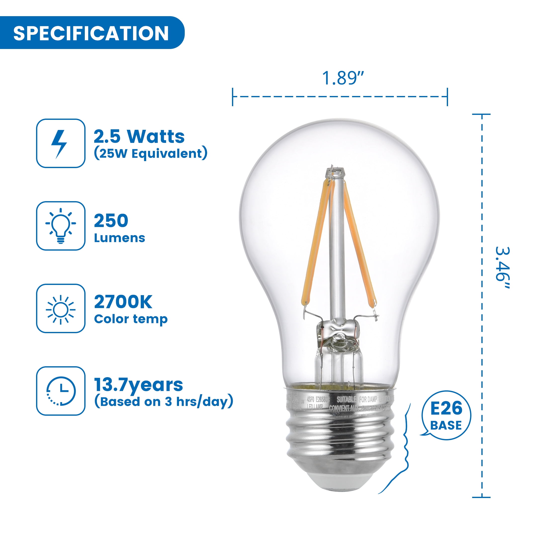 (3 pack) Great Value LED Ceiling Fan Bulb 2.5W (25W Equivalent) Soft White A15 with E26 Base Dimmable, 2PK