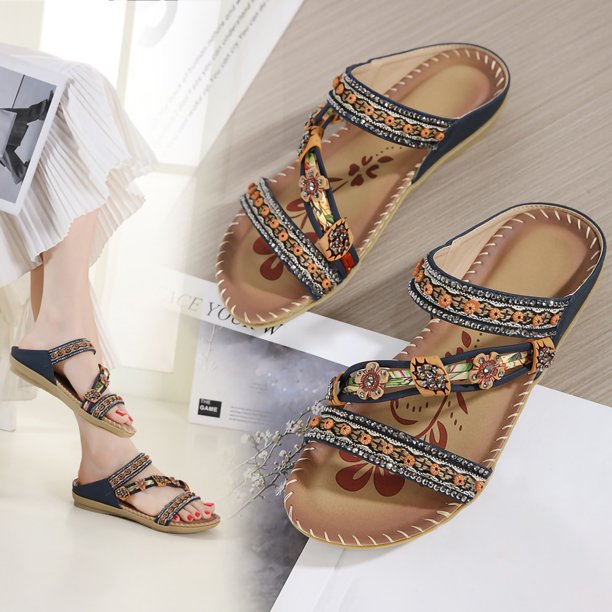 Sandalias de playa con diamantes de imitación y flores planas bohemias Wmkox8yii ytu1221