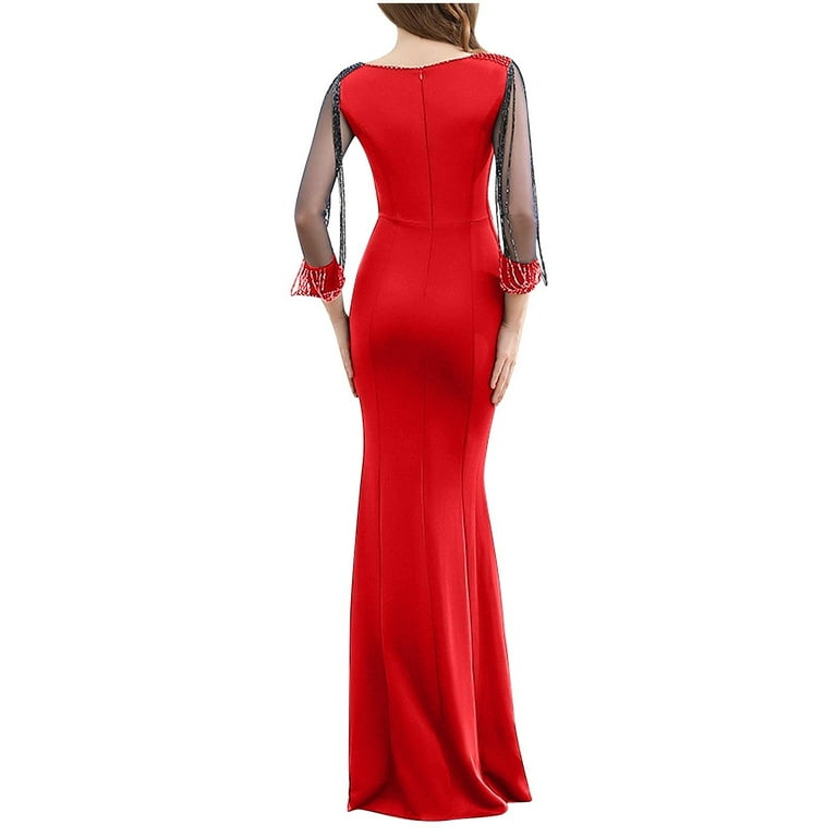 Dress Plus Size Long Sleeve Prom Dress for Women Beads Mesh Sleeve Maxi  Dress Bodycon Fall Mermaid Party Wedding Long Dresses S-12 Red-a S -  Walmart.com