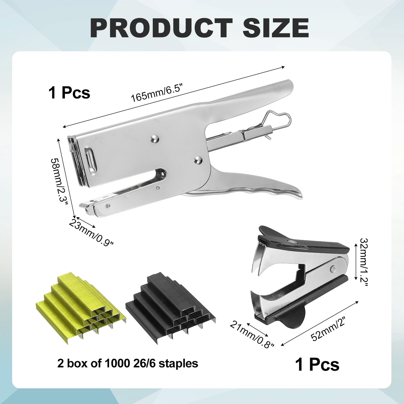Desktop Stapler Heavy Duty, 1 Set Handheld Plier Stapler No Jam with Staples Remover and 2000 Yellow & Black 26/6 Staples Set for Office Supplies Workplace Paperwork Cardboard, Silver