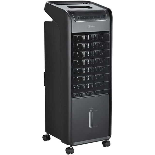 enfriador de aire portatil midea mac28sb frio 5.4l 3 vel — Enfriador de aire portátil Midea MAC28SB negro, vista frontal 3/4 con rejillas verticales y panel táctil superior; tanque integrado de 5.4 L en la base, ruedas para transporte y control remoto; 3 velocidades, 3 modos (dormir/normal/ECO) y oscilación 60°. Suele usarse también para humidificar habitaciones pequeñas.