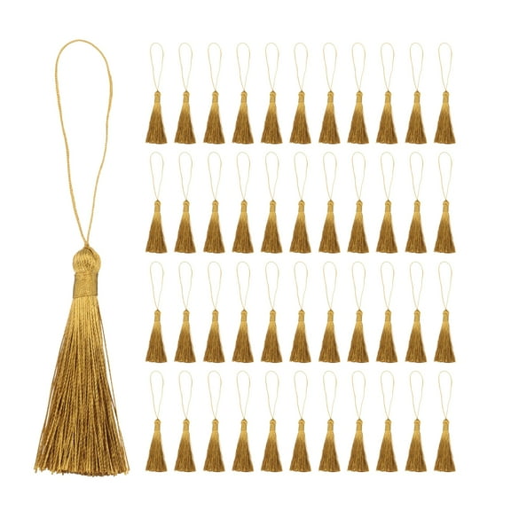 Uxcell 45Pcs Mini Silky Bookmark Tassels, Handmade Soft Floss Craft Tassels with Cord Loop, Gold