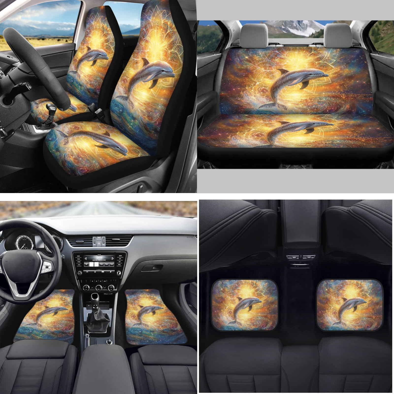 Yuyamidu Dolphin Car Front Back Seat Covers Boho Mandala Flower Car Carpet Mats Steering Wheel Cover Seat Belt Pad Handbrake Cover Set Coasters, Set of 15