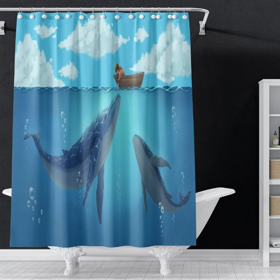EpicGadget Underwater Whales Shower Curtains for Bathroom, Blue Tropical Ocean Kids Fabric Waterproof Shower Curtain Set with 12 pcs Hooks, Modern Bathroom Decorations, Standard Size 72" x 72"