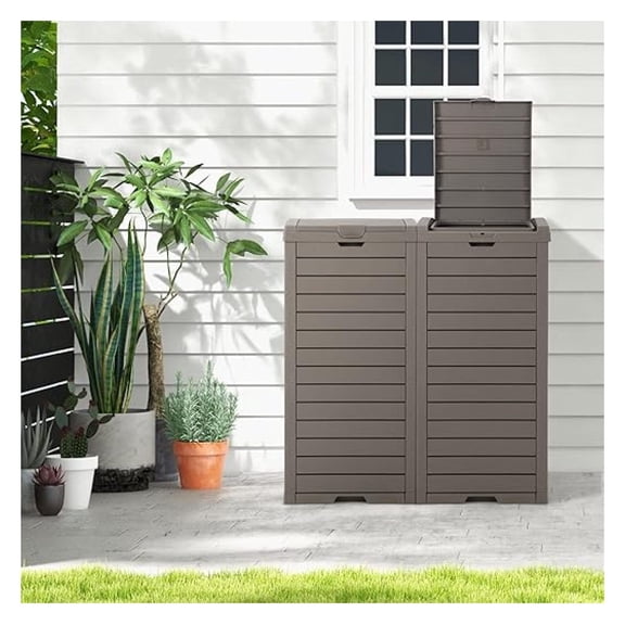 Outdoor Resin Trash Can 31 Gallon Deep Brown Waterproof Hideaway Patio Garbage Waste w/Lid Tray