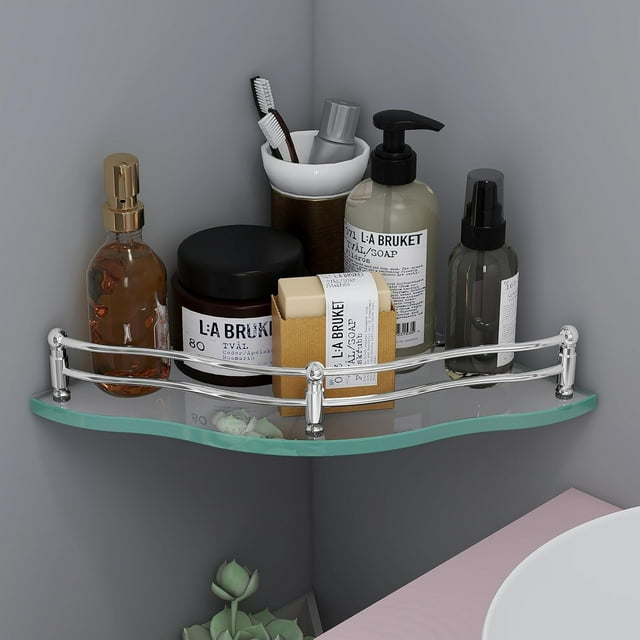 Shelf For Bathroom Organizer, Transparent Glass Shelf For Living Room, Kitchen & Bathroom Corner Organizer Shelf (9 X 9 Inches Flower) Pack Of 1