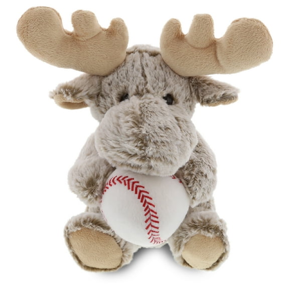 DolliBu Sitting Moose Stuffed Animal with Baseball Plush - Soft Plush Huggable Moose, Adorable Playtime Plush Toy, Cute Wildlife Gift, Baseball Plush Doll Animal Toy for Kids and Adults - 11 Inch