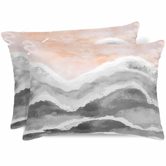 Gray Coastal Beach Pillow Cases Standard Size Set of 2, Smooth Satin Pillowcase for Hair and Skin, Modern Oil Painting Nautical Decorative Cooling Bed Pillow Covers with Zipper, 20x26 Inches