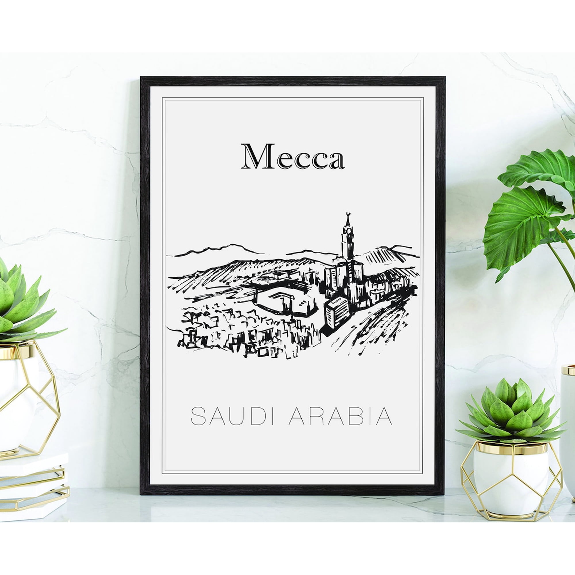 Mecca Saudi Arabia Travel Wall Art Print With Hand Drawn Cityscape Landmark Map