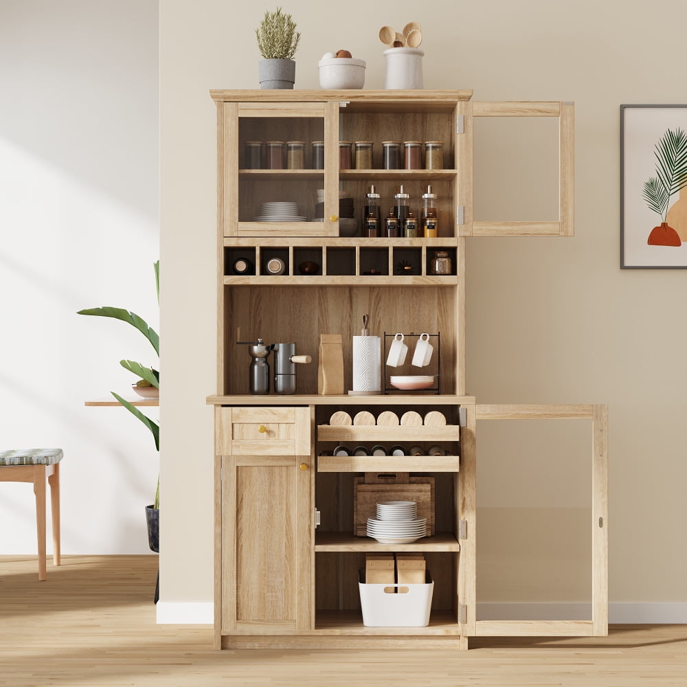 Farmhouse Freestanding Buffet with Hutch, Tall Kitchen Pantry Storage Cabinet with Wine Rack, Adjustable Shelves and Tempered Glass Doors for Dining Room