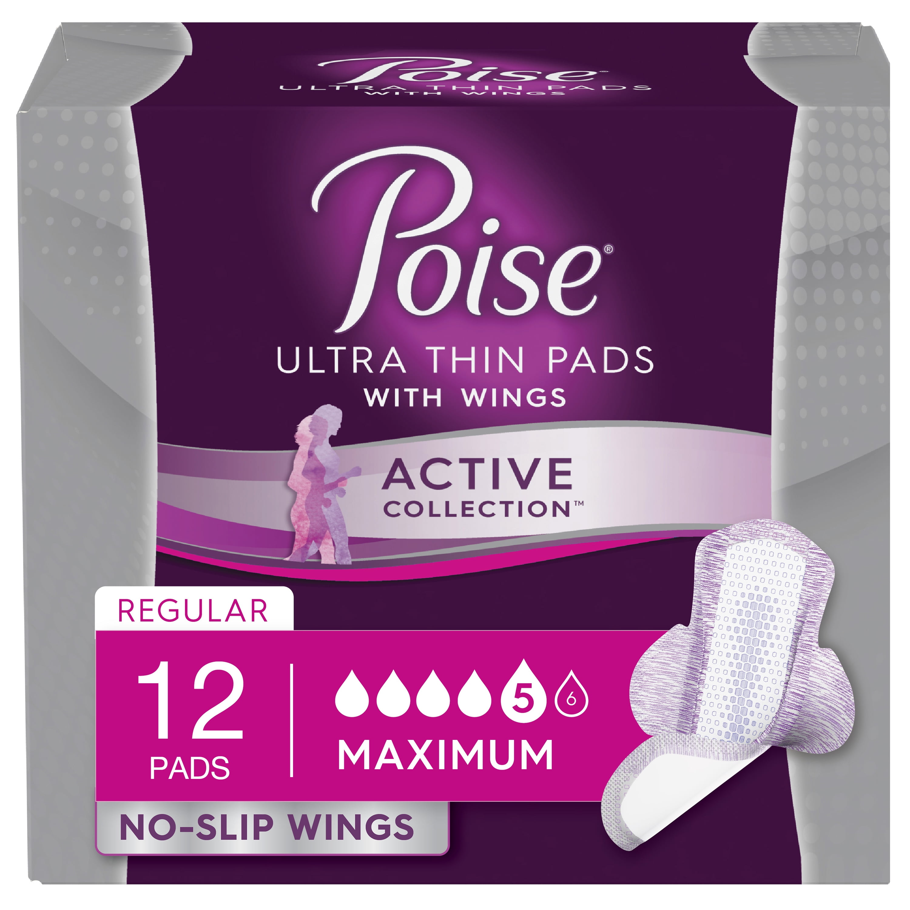 Poise Pads, Active Collection with Wings, Maximum Absorbency, 12 Ct