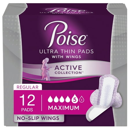 Poise Active Collection Incontinence Pads with Wings, Maximum Absorbency, 12