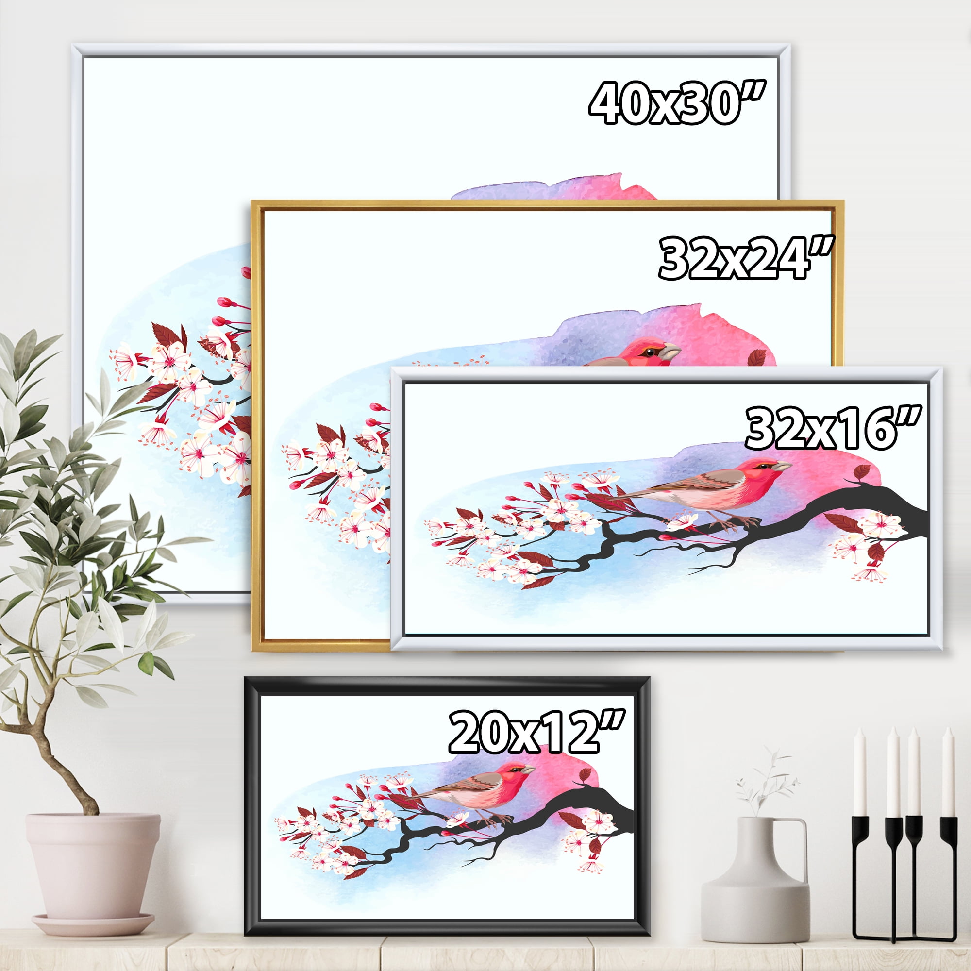 Pink Bird Sitting On Cherry Branch 20 in x 12 in Framed Painting Canvas Art Print, by Designart