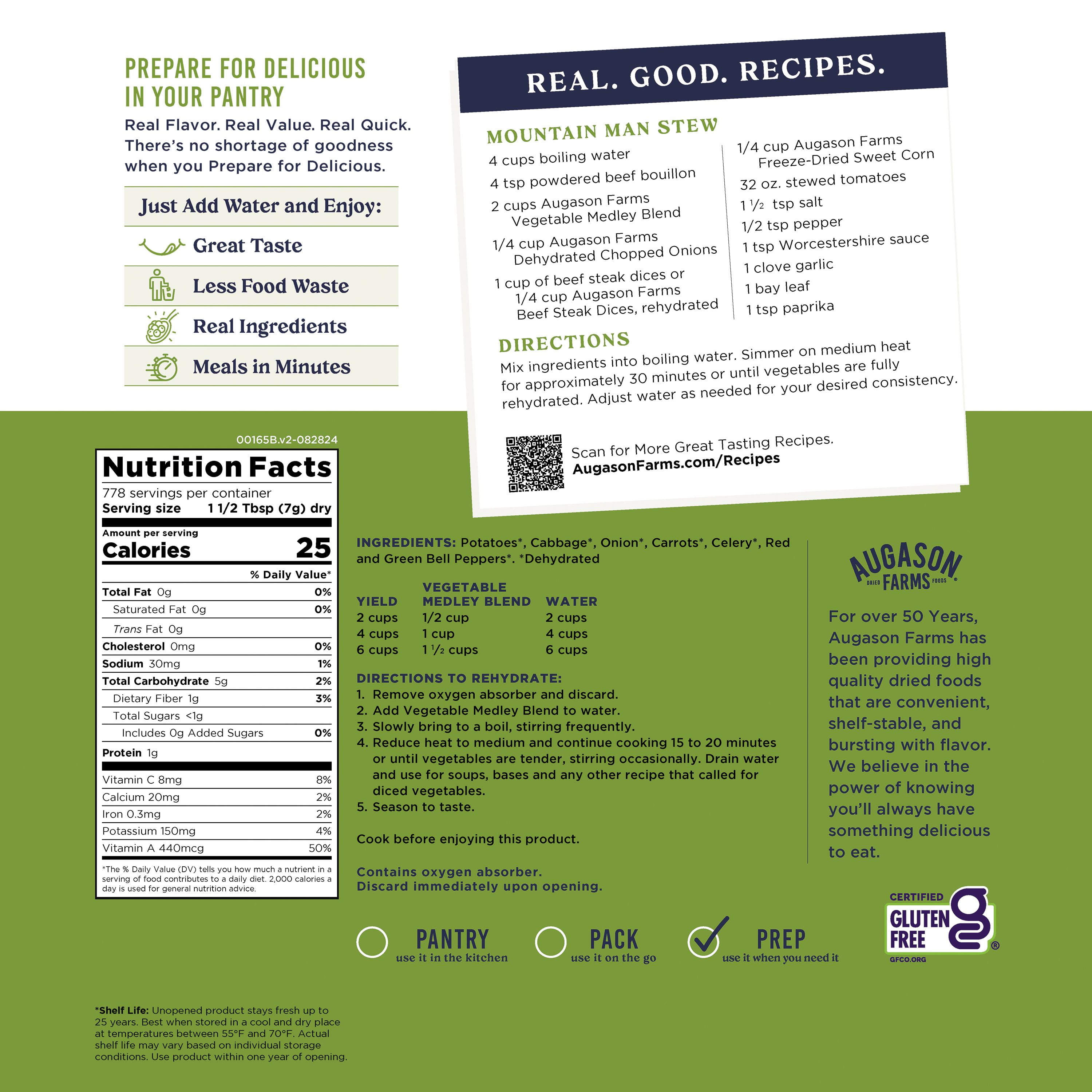 Augason Farms Vegetable Medley Blend 4 Gallon Pail, Bulk Food Storage, Emergency Food Supply, Everyday Meals, 778 Servings