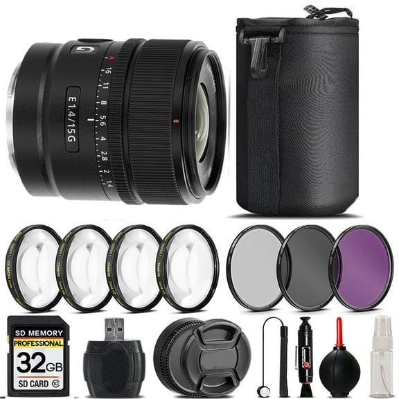Sony E 15mm f/1.4 G Lens   4PC Macro Kit   UV, CPL, FLD Filter - 32GB Kit (International Version)