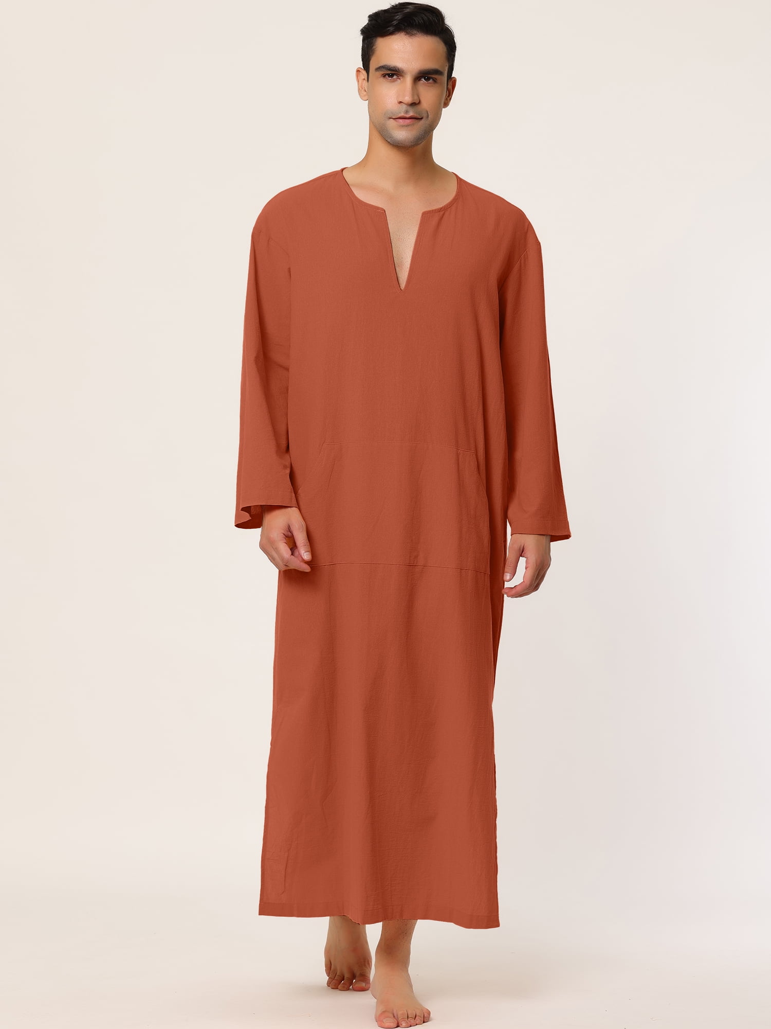 Unique Bargains Men's Pajamas Cotton Sleepwear V-Neck Side Split Long Nightgown XL Brick Red