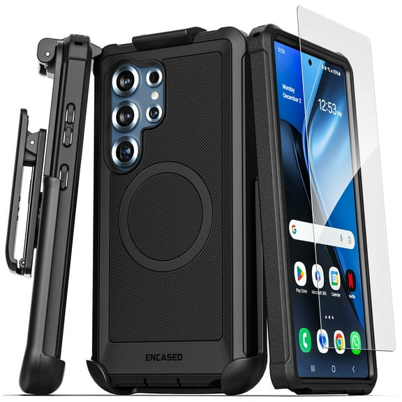 Encased Falcon Series for Samsung Galaxy S25 Ultra Case with Belt Clip (Compatible with MagSafe Qi2) Protective Case with Screen Protector and Holster (Black)