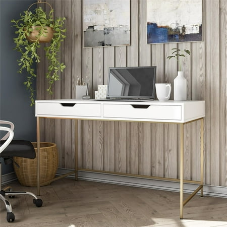 Ameriwood Home Jordyn Computer Desk with 2 Drawers, White/Gold Finish