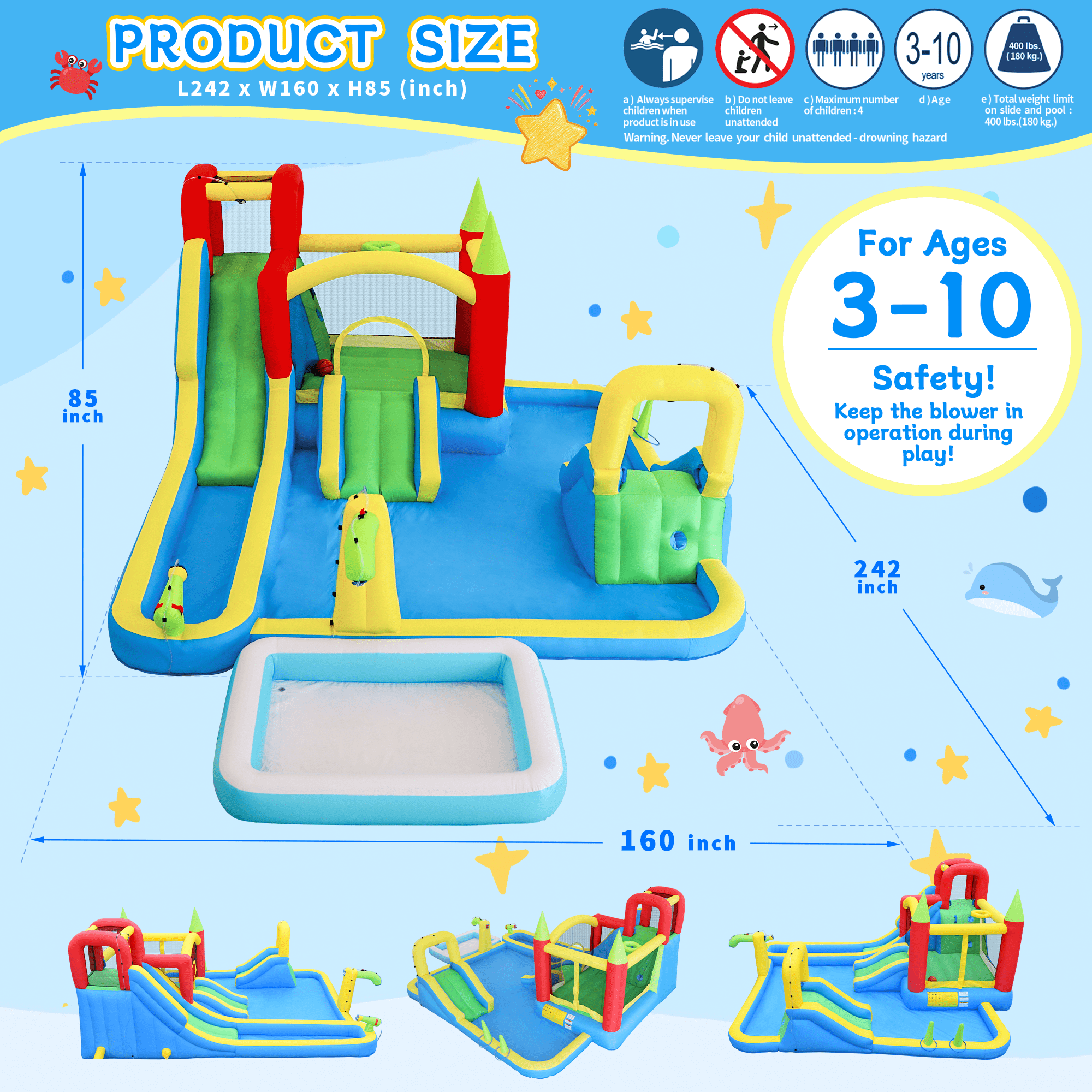 11-in-1 Inflatable Water Park Bounce Castle, Wet & Dry Slide with Pool, Water Gun, Trampoline, Climbing Wall, Basketball Hoop & Ring Toss, Indoor Outdoor Kids Play for Backyard Party