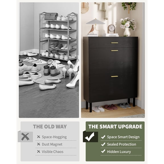 Slim 3-Tier Shoe Storage Cabinet for Entryway – Freestanding Wooden Organizer with Adjustable Shelves, Dual Turn Over Drawers, Hidden Shoe Rack for Hallway, Mudroom, Slippers, Sneakers, Heels
