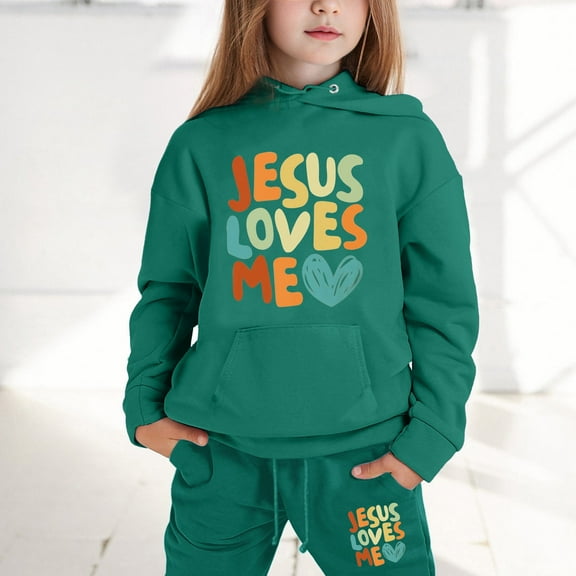 Girls Hoodies Set Jesus Loves You Hoodie Cute Letter Print Long Sleeves Loose Pullover 2 Piece Kids Outfits Kids New Year Sweatshirts for Teenagers 6-7 Years
