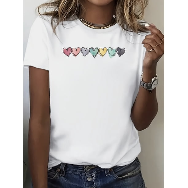 Hearts Gradient Print Crew Neck T-Shirt, Casual Short Sleeve T-Shirt For Spring & Summer, Women'S Clothing