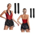 thumbnail image 6 of iiniim Women Sequins Latin Dance Outfits Sleeveless Tassel Leotard Fringed Tango Salsa Dance Dress with Gloves Red S, 6 of 7