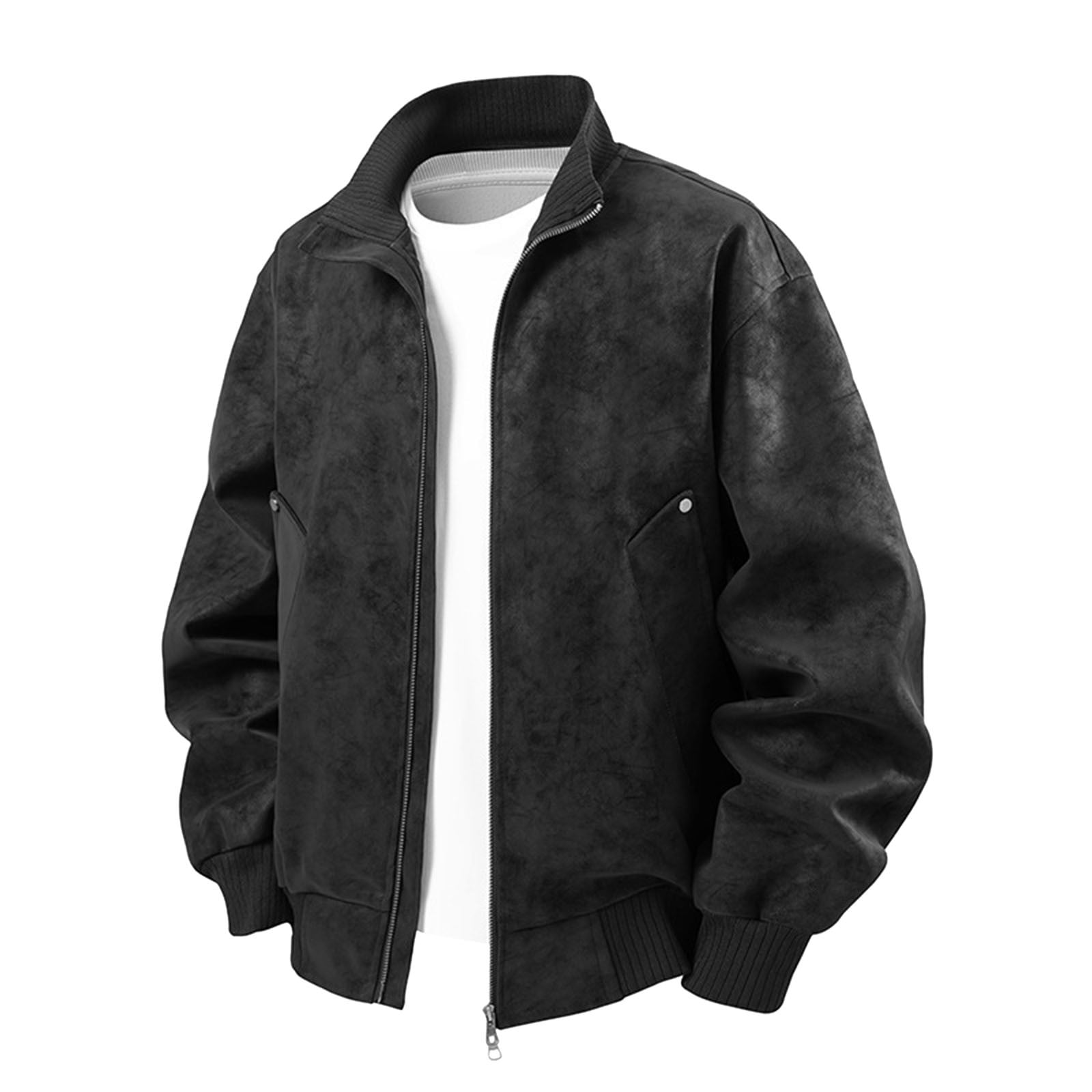 Men's Faux Leather Jacket Collar Zip Up Motorcycle PU Jackets Lightweight Outerwear Biker Vintage Coat Bomber Jacket (Black,Small)