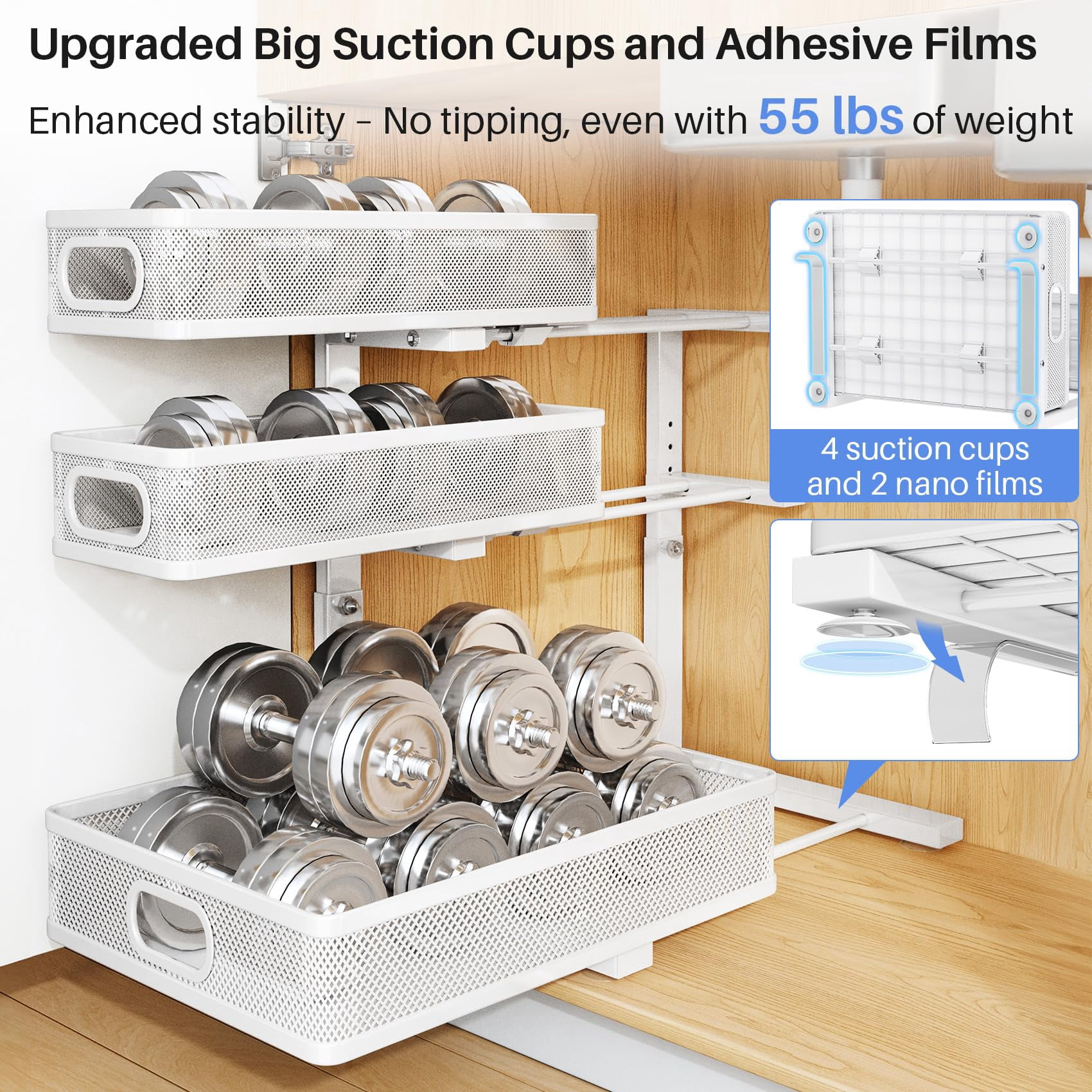 Under Sink Organizer, 2-Pack 3-Tier Thickened Metal Pull out Cabinet Organizer Shelf, Height Adjustable Slide out Storage Drawer Rack for Kitchen Bathroom Pantry Laundry Home Organization, White