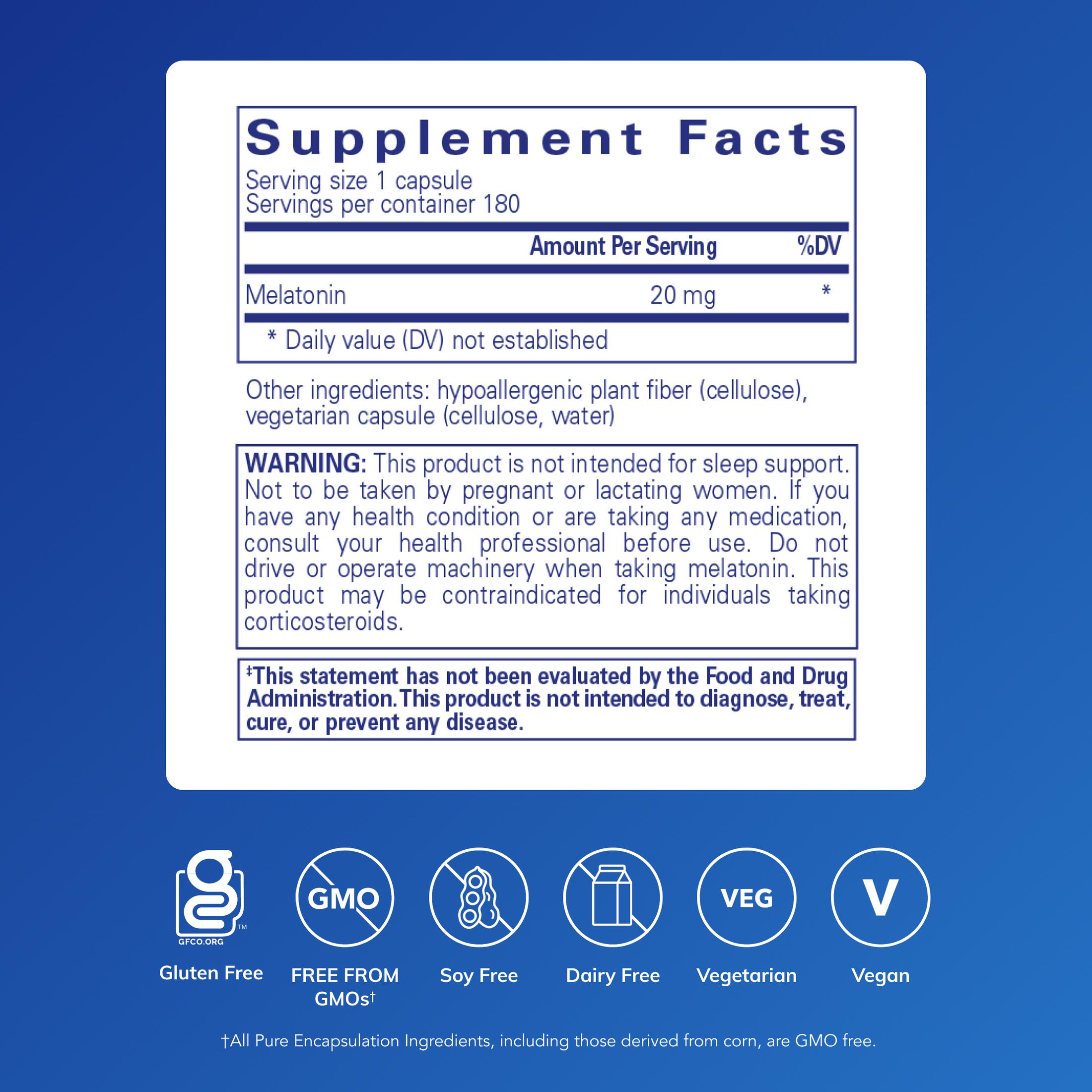 Pure Encapsulations Melatonin 20 mg - Not Intended for Sleep Support - For Immune System & Healthy Cells* - 99.5% Purity Melatonin - Gluten Free & Non-GMO - 180 Capsules