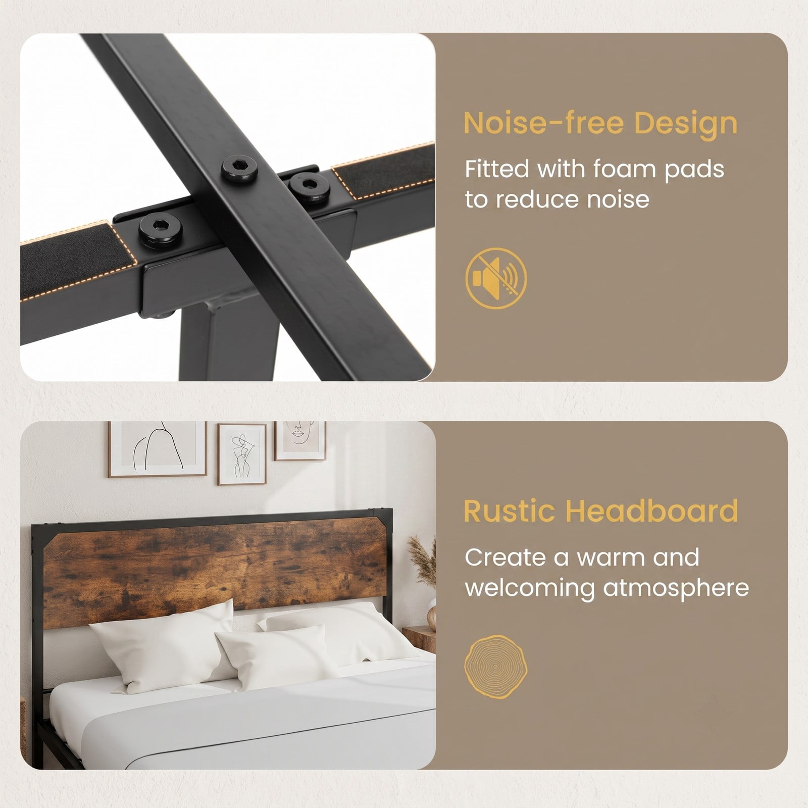 Furnibear Queen Platform Bed Frame with Rustic Wood Headboard and Footboard and Under-Bed Storage for Bedroom, Rustic Brown and Black