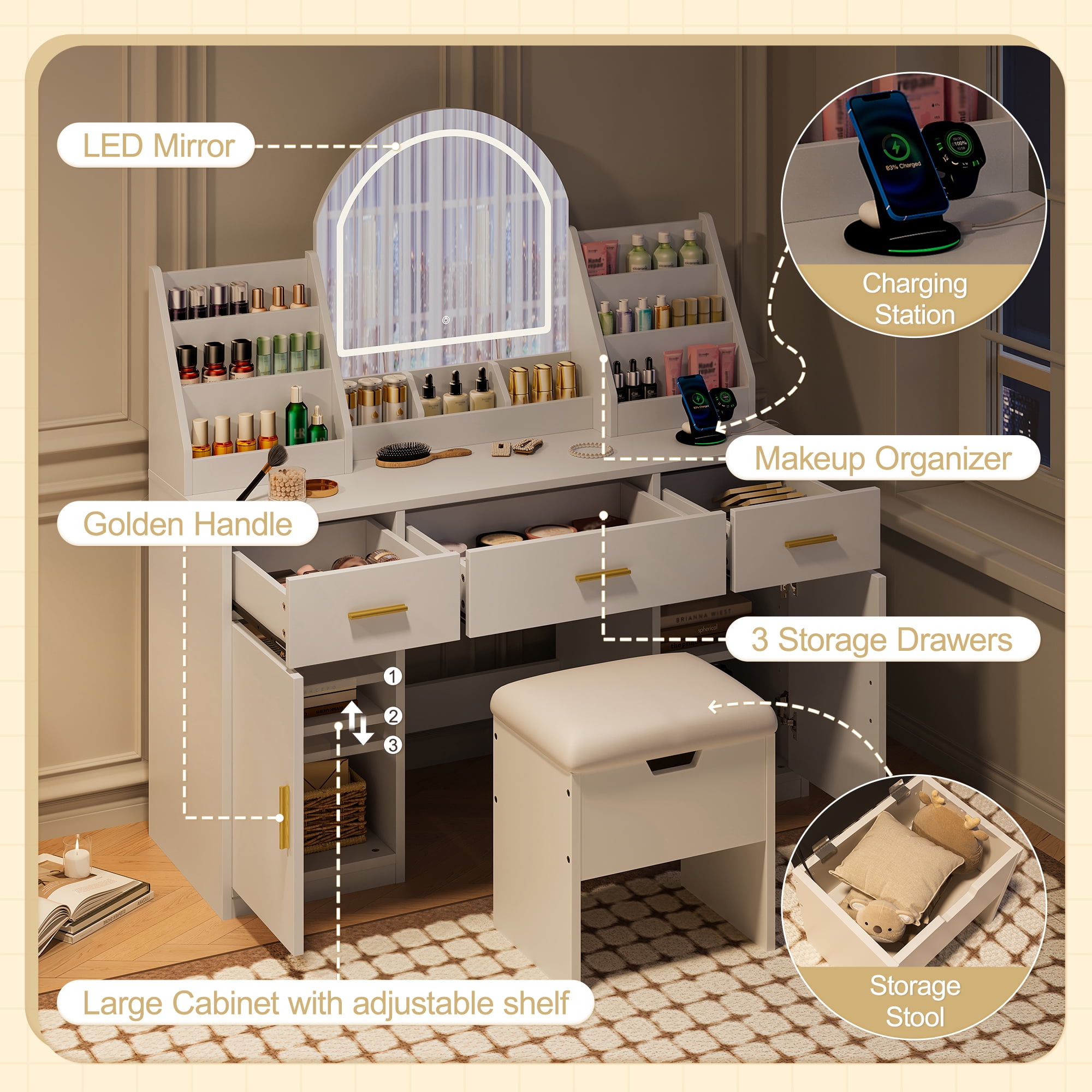 Yoneston 47.2" Vanity Set with Arched LED Mirror, High Capacity Vanity Desk with 2 Cabinet and 3 Drawers & Hidden Storage Stool, White