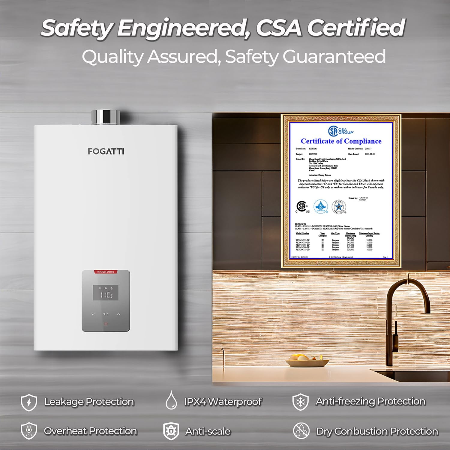 InstaGas Classic Propane Gas Tankless Water Heater 120,000 BTU, Up to 5.1 GPM Instant Hot Water Heater LP for 4 People, Indoor Installation, CSA Certified, White