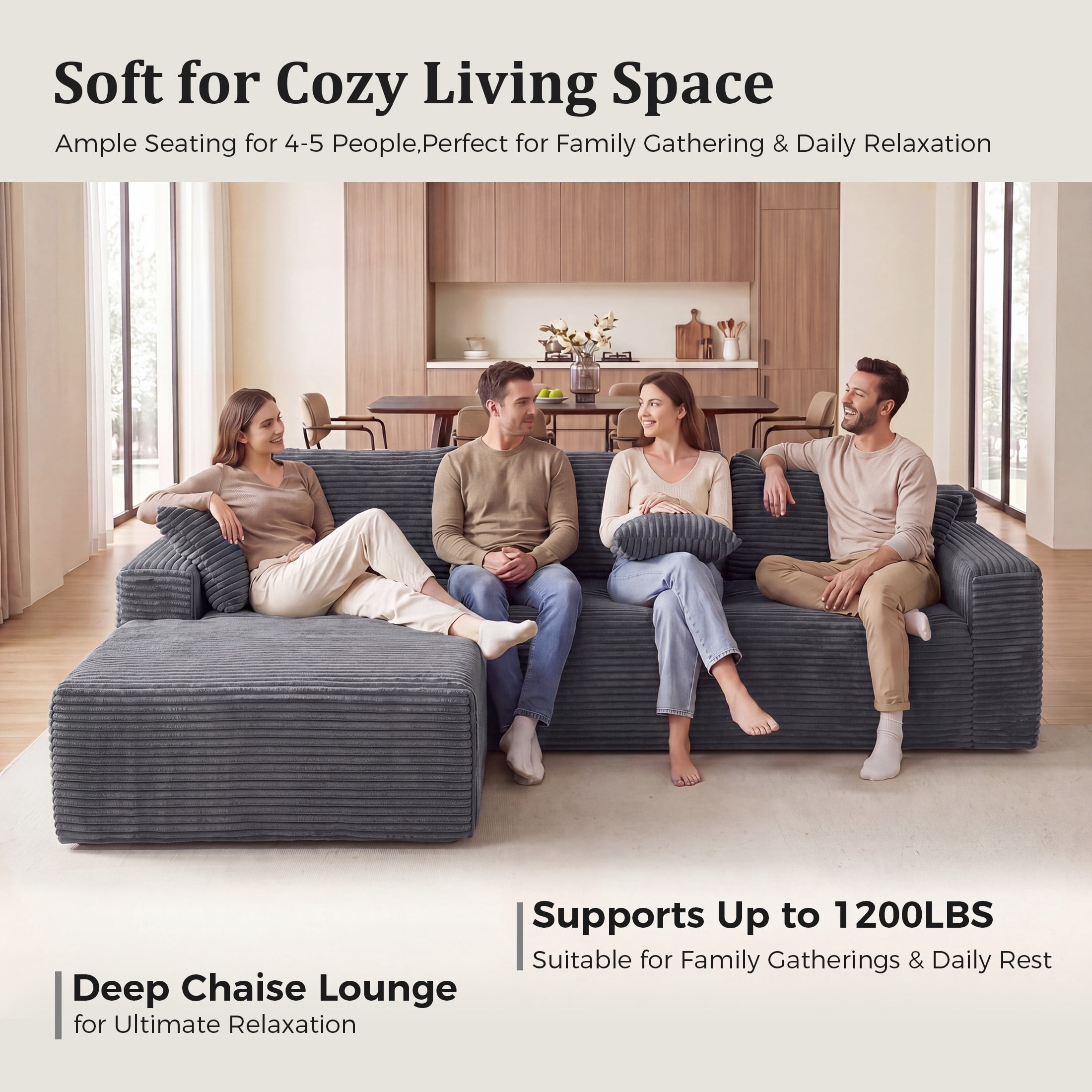 Aenkyo 95 Inch Corduroy L-Shaped Modular Sectional Sofa, Left Chaise, Gray