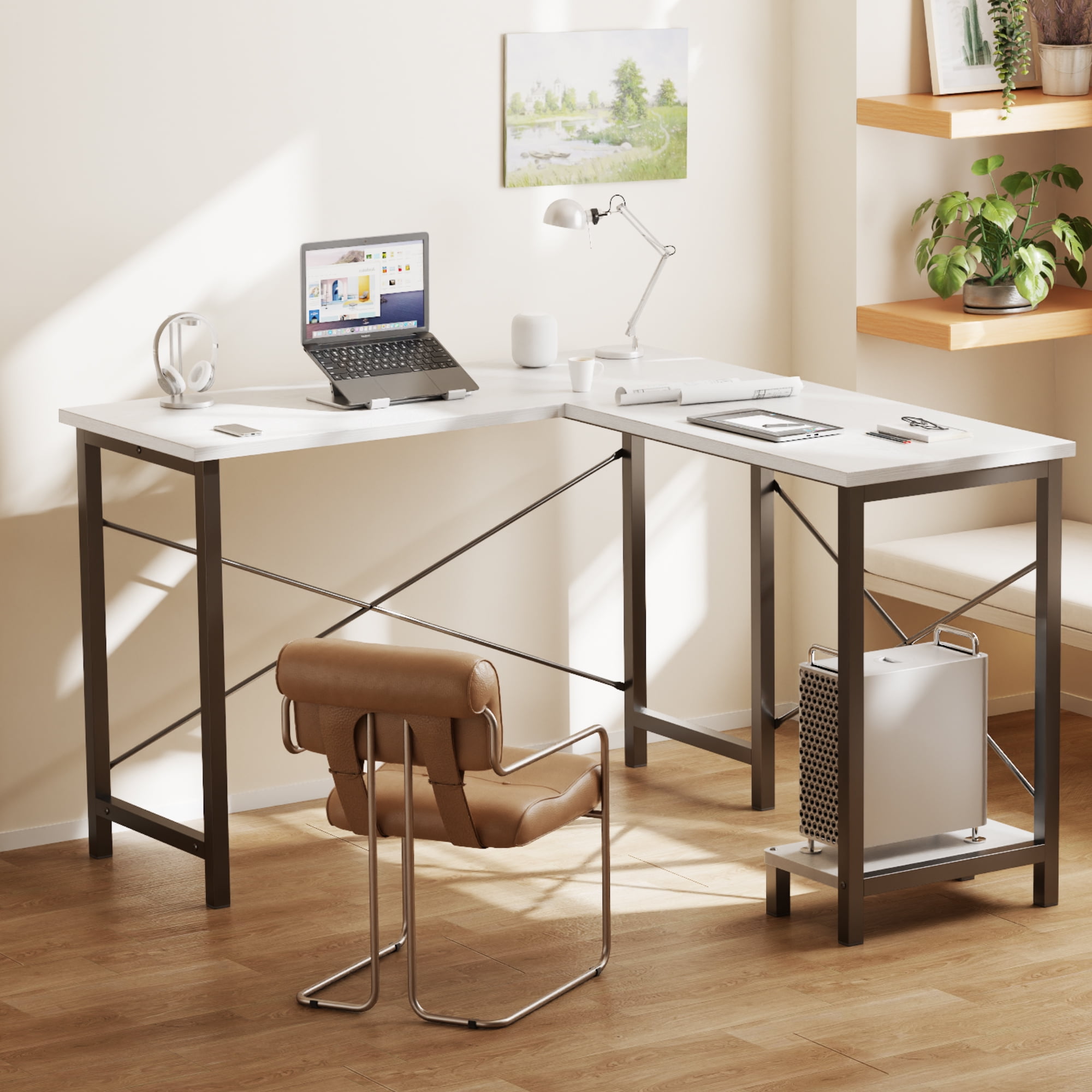 JIOABL 50" L-Shaped Corner Gaming Desk with Reversible CPU Stand, Waterproof Desktop & Metal Frame, Wood Gray