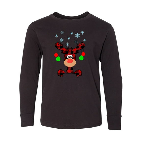 Inktastic Cute Flannel Reindeer with Christmas Bulbs and Snowflakes Long Sleeve Youth T-Shirt