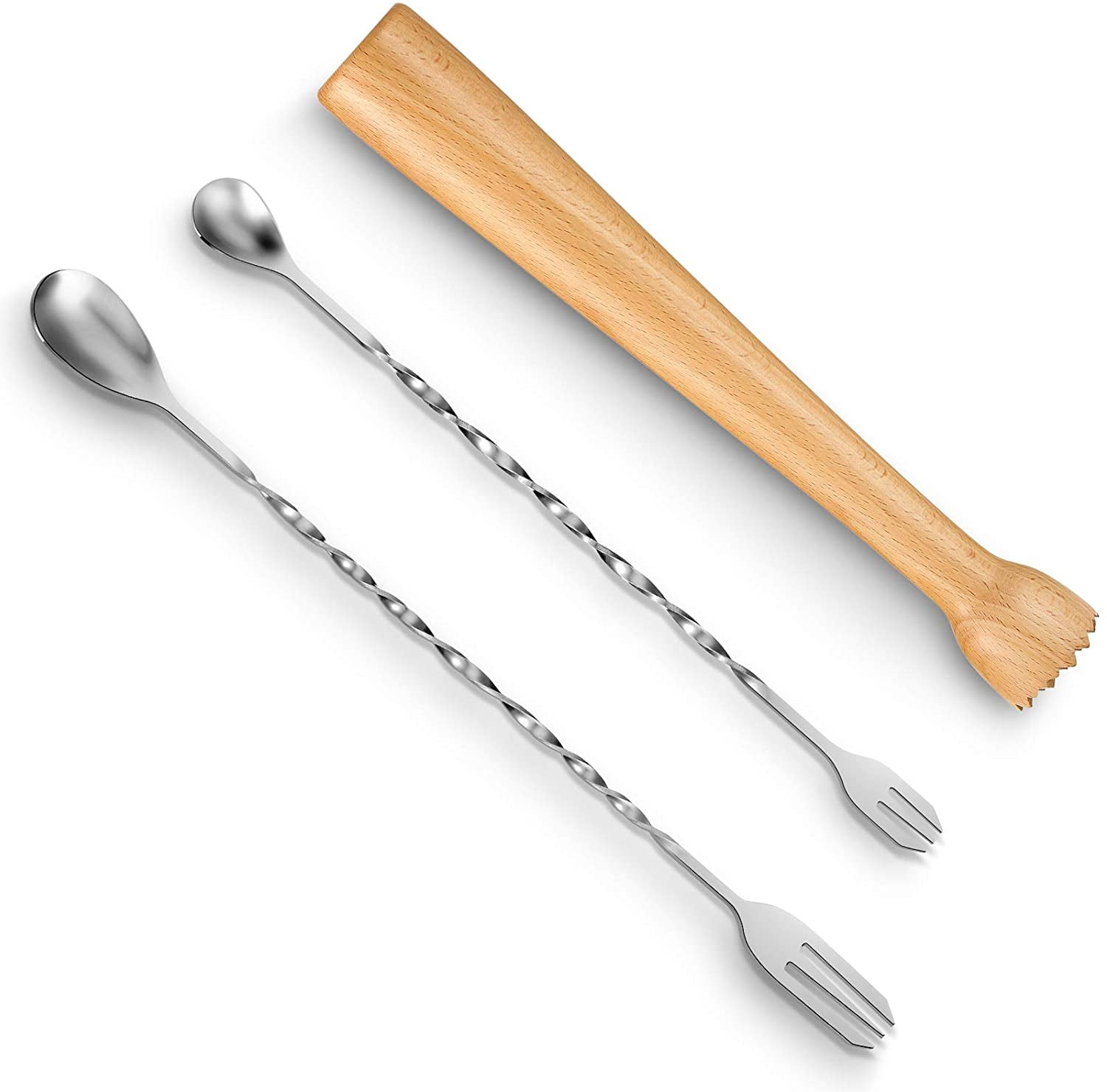 3 Pieces Wood Cocktail Muddler and Stainless Steel Mixing Spoon Set