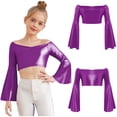 thumbnail image 6 of Miutii Kids Girls Disco Party Shirts Off-Shoulder Festival Rave Outfit Long Flared Sleeve Jazz Hip Hip Dance Crop Tops Purple 16, 6 of 7