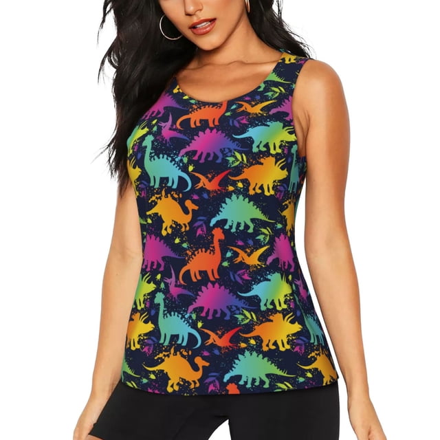 Fotbe Colorful Dinosaur Blusas Sin Mangas para Mujer – Estilo Casual, Corte Suelto, Slim-Fit, Cuello Redondo Deportivo, Tops de Verano para Gimnasio y Yoga-Medium
