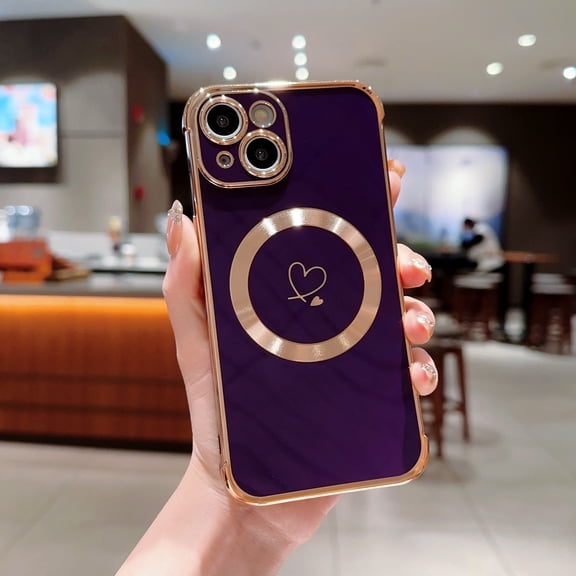 Plating Magnetic Case for iPhone 14, Compatible with MagSafe Wireless Charging Slim Lightweight Cover, Fashion Cute Love Hearts Pattern Lens Protection Case for Girls Women,Pink