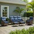 thumbnail image 3 of POCASSY 6 Pieces Patio Furniture Set with 6-inch Thick Cushion, Brown Wicker High Back Outdoor Couch and Swivel Glider Patio Chairs, Sectional Patio Set Ideal for Front Porch Backyard, Blue Cushion, 3 of 17