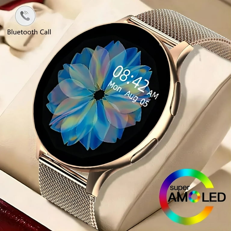 2023 Smart Watch Round Smartwatch Bluetooth Call Men Women Fitness Tracker Bracelet Custom Watch Face Watches For Android IOS mesh belt golden Walmart