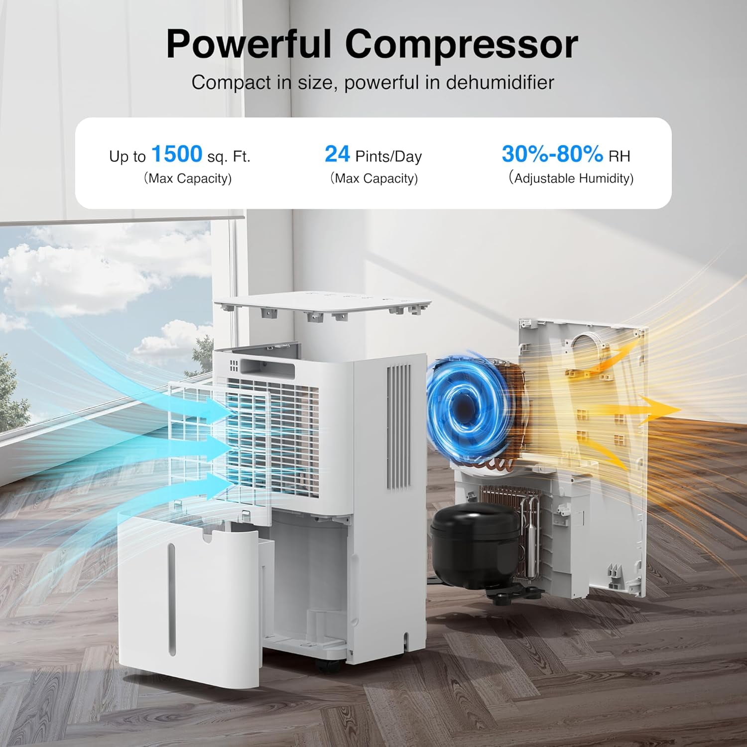 WAA 24 Pint Dehumidifier Auto/Manual Drainage,3 Modes,24H Timer,Auto Defrost (Home/Basement,Drain Hose)