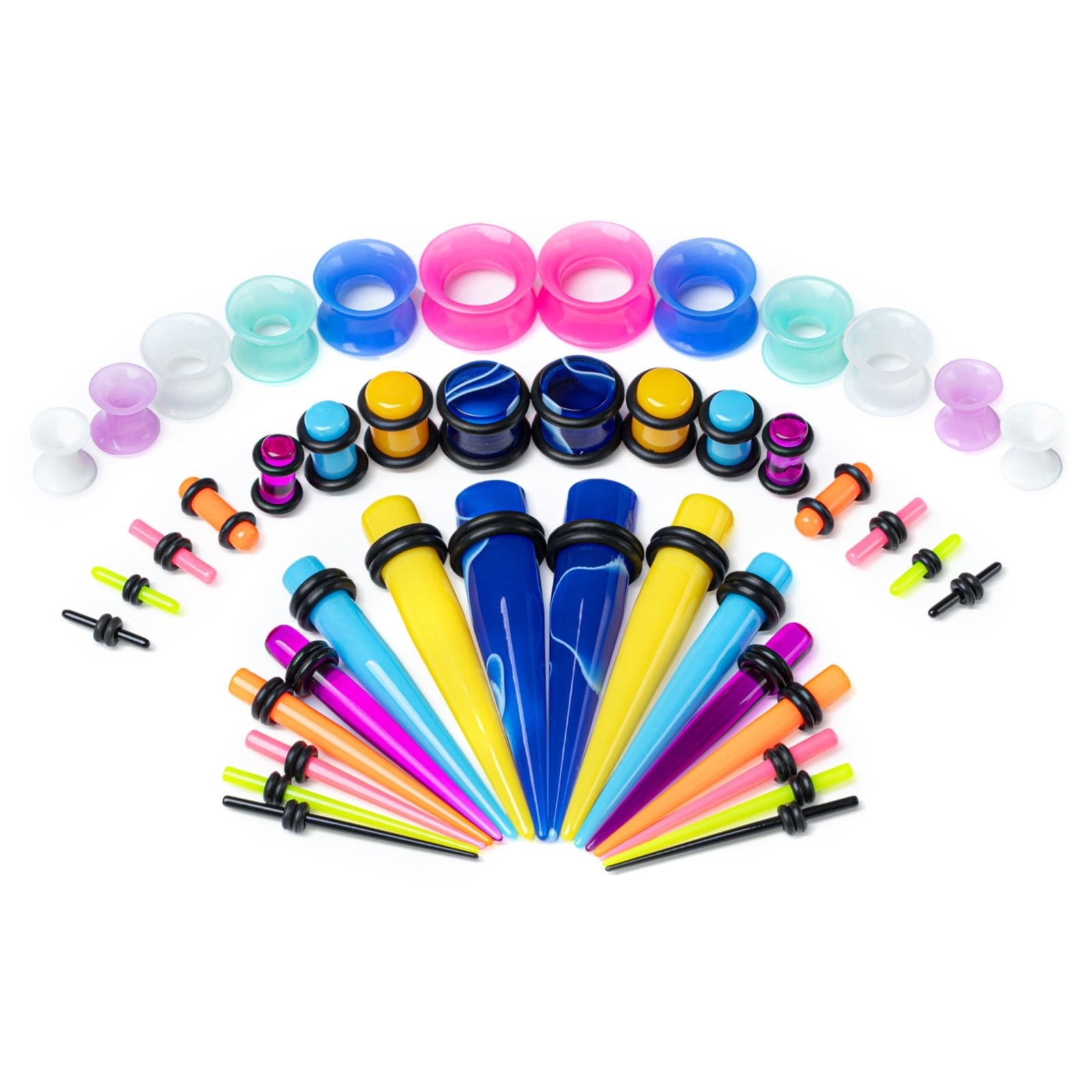 AURENIX 50 Pieces Ear Stretching Kit Acrylic Tapers and Plugs + Silicone Tunnels Ear Gauges Expander Set Body Piercing Jewelry