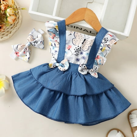 

Huilaibazo Girls Dress Toddler Girls Ruffles Sleeveless Butterfly Printed Dress Backless Princess Dresses Headbands Set