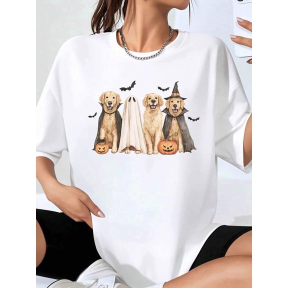 Halloween Golden Retriever Dog Costume Ghost Bat Pumpkin Graphic T Shirt Women Funny Holiday Pet Lover Tee Top